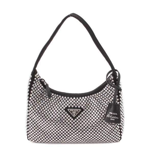 Parada Handbags - Prada Crystal Triangle Satin Mini Hobo Handbag Black